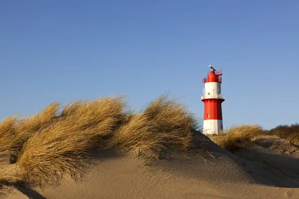 Rot-weißer Leuchtturm hinter Stranddünen mit Dünengras auf der Nordsee-Insel Borkum in Deutschland.